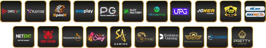 รวมโลโก้ค่ายเกมคาสิโนของ babyshark888 เช่น PG SLOT, JOKER, SA Gaming, Evolution, Microgaming และค่ายดังอื่น ๆ