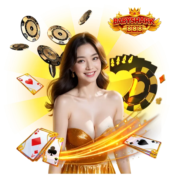 ภาพโปรโมทคาสิโน babyshark888 ผู้หญิงชุดสีทอง พร้อมไพ่และชิปคาสิโน โทนสีทองหรู แสดงถึงเว็บคาสิโนออนไลน์ครบวงจร เล่นง่าย รองรับมือถือ