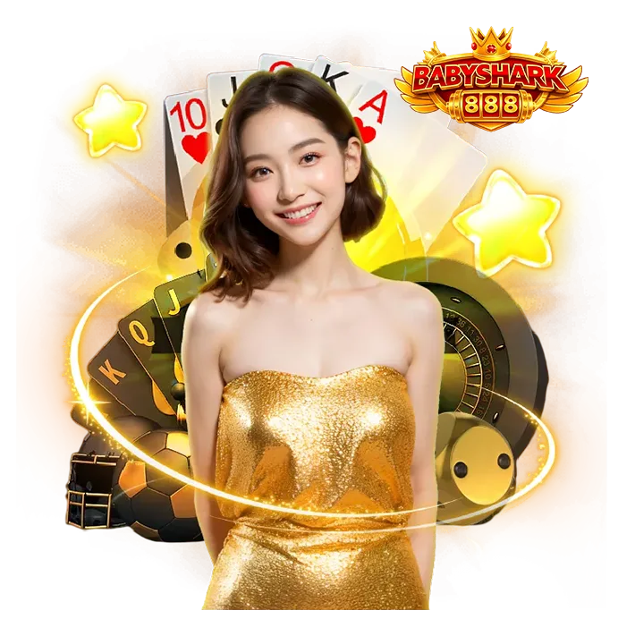 ภาพโปรโมทคาสิโน babyshark888 ผู้หญิงชุดสีทอง พร้อมรูเล็ต ไพ่ และเอฟเฟกต์ดาว โทนสีทองหรู แสดงถึงเว็บคาสิโนออนไลน์ครบวงจร เล่นง่าย รองรับมือถือ