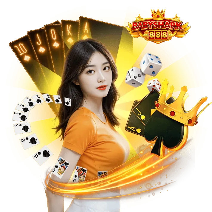 ภาพโปรโมทคาสิโน babyshark888 ผู้หญิงพร้อมไพ่ ลูกเต๋า และสัญลักษณ์โจ๊กเกอร์ โทนสีทอง แสดงถึงเว็บคาสิโนออนไลน์ครบวงจร เล่นง่าย รองรับมือถือ